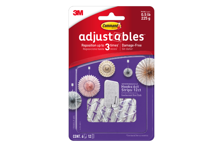 Tenaru  3M Command Adjustables Adhesive Repositionable Wall Hooks, 6Pk,  Small, Clear